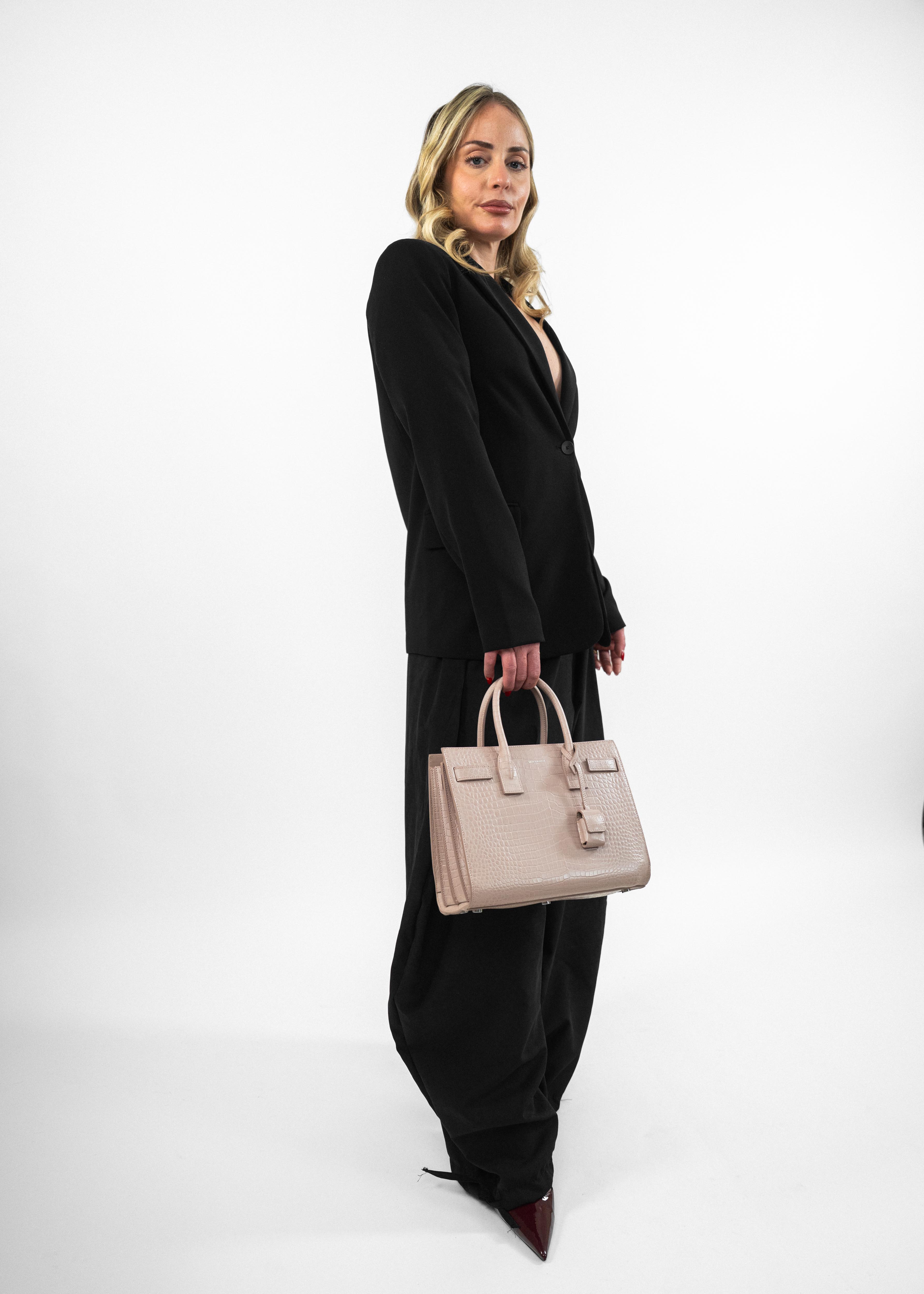 Borsa Saint Laurent Croc Effect - Rosa Polvere con Dettagli in Pelle
